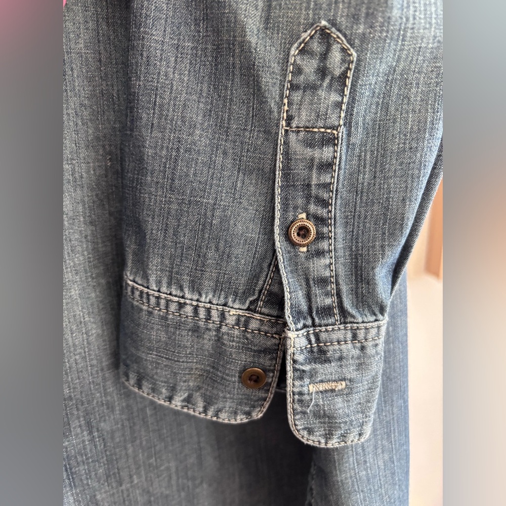 Chico’s denim Top tunic or dress with pleated front detailing Sz L washed denim - Picture 8 of 12